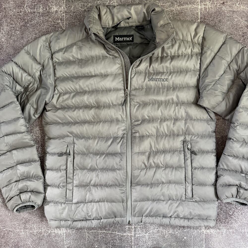 Men's Marmot Zeus 800 Down Silver Gray Full Zip Up Puffer Coat Jacket Sz Large
